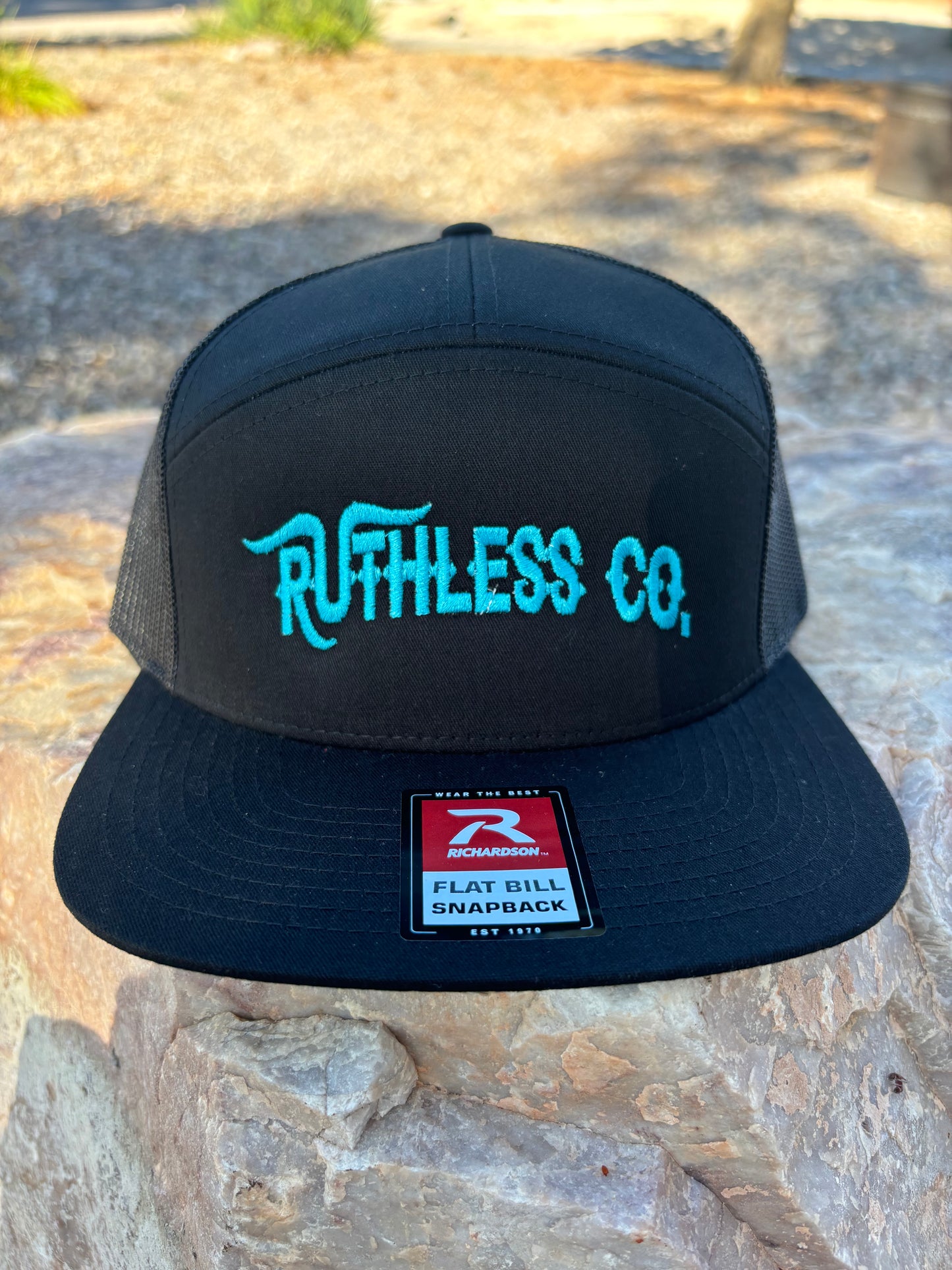 Large Teal Embroidered Black Hat