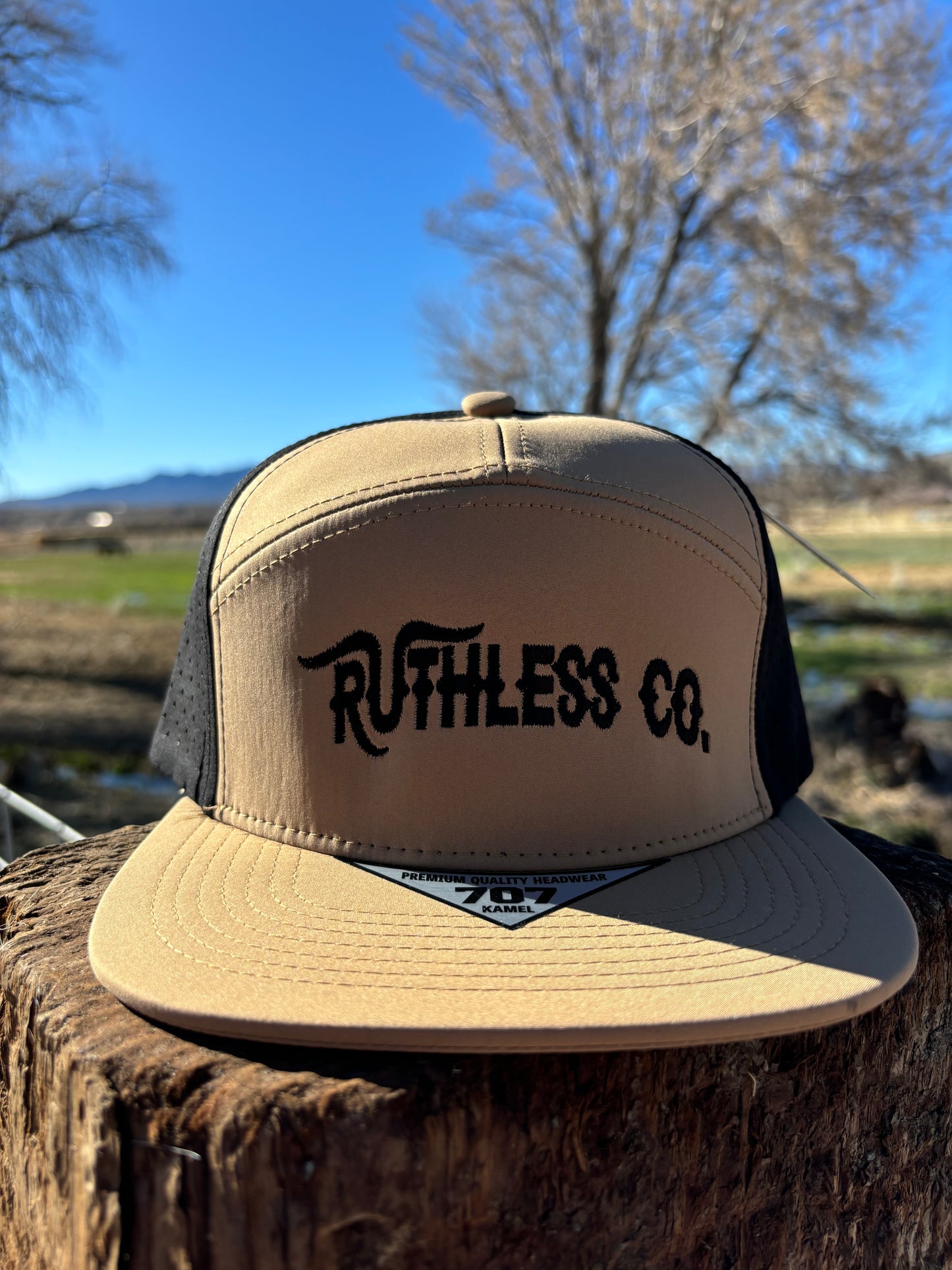 Tan with black mesh- large embroidered Ruthless Co. Design